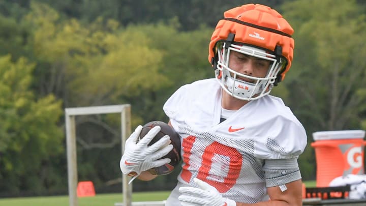 Clemson wide receiver Troy Stellato (10) during the Clemson first football August practice in Clemson, S.C. Thursday August 1, 2024.