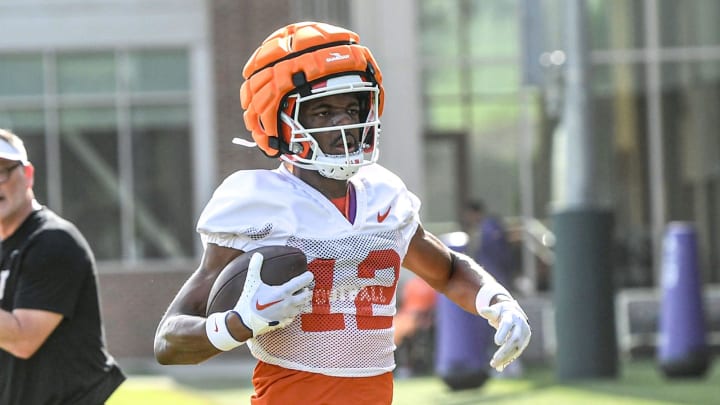 Clemson wide receiver Bryant Wesco Jr. (12) catches a pass during the Clemson second August practice in Clemson, S.C. Friday August 2, 2024.