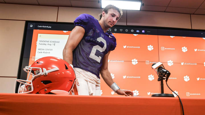 Clemson quarterback Cade Klubnik arrives to talk with media at the Smart Family Media Center in Clemson, S.C., Tuesday, August 13, 2024.