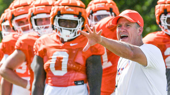 Clemson safeties coach and co-defensive coordinator Mickey Conn with linebackers during Clemson football practice at Jervey Meadows in Clemson, S.C. Wednesday August 7, 2024.