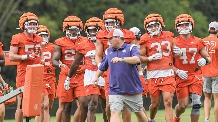 Clemson linebackers, from left: Fletcher Cothran (50), Kobe McCloud (21), Barrett Carter (0), Wade Woodaz (17), Griffin Batt (33), and Sammy Brown (47), during the Clemson first football August practice in Clemson, S.C. Thursday August 1, 2024.