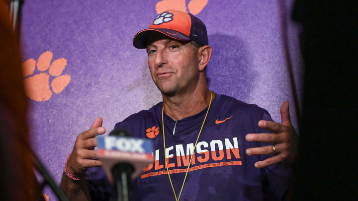 Clemson head coach Dabo Swinney talks with media in the media room at Memorial Stadium in Clemson, Satuday, August 10, 2024.