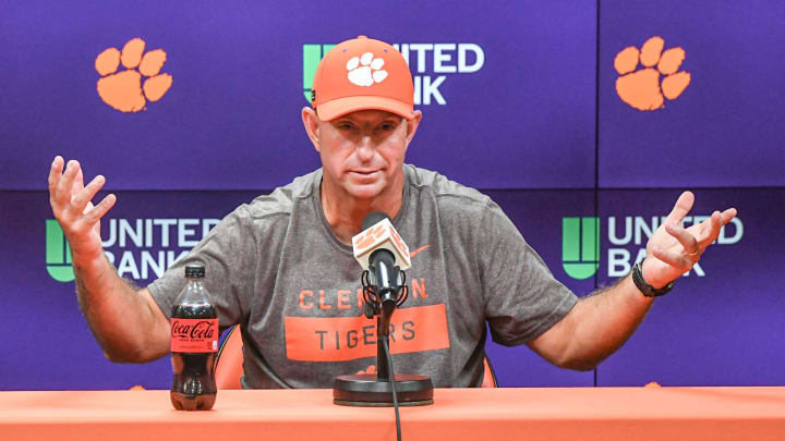 Clemson head coach Dabo Swinney talks with media before the Clemson first football August practice in Clemson, S.C. Thursday August 1, 2024.