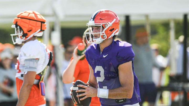 Clemson quarterback Cade Klubnik (2) warms up during Clemson football practice at Jervey Meadows in Clemson, S.C. Friday August 7, 2024.