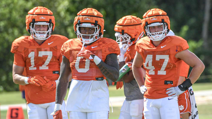 Aug 7, 2024; Clemson, South Carolina, USA; Clemson linebacker Wade Woodaz (17), linebacker Barrett Carter (0), and safety Boston Miller (47) during Clemson football practice at Jervey Meadows in Clemson, S.C. 