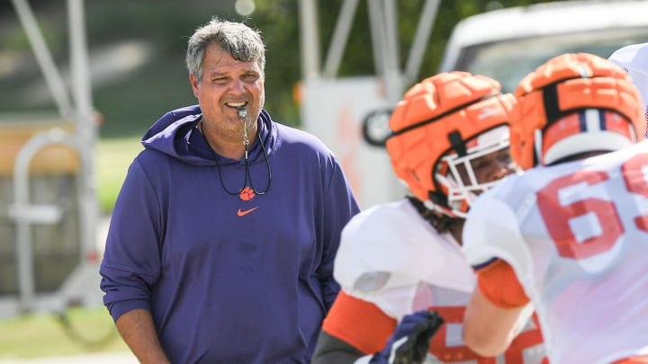 Aug 7, 2024; Clemson, South Carolina, USA; Clemson offensive line coach Matt Luke during Clemson football practice at Jervey Meadows in Clemson, S.C. Mandatory Credit: Ken Ruinard-USA TODAY Sports