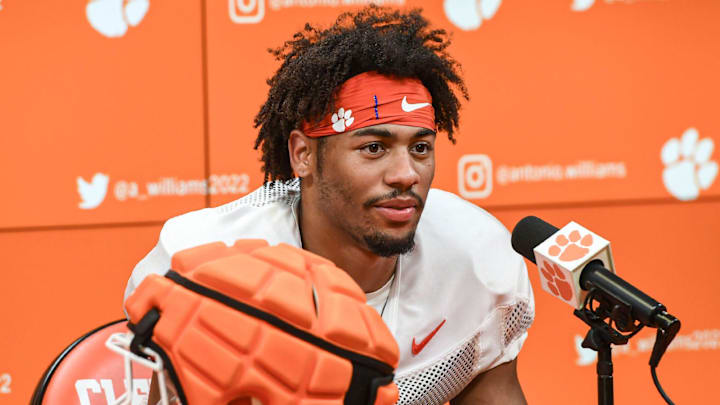 Clemson wide receiver Antonio Williams(0) talks with media after Clemson football practice at Jervey Meadows in Clemson, S.C. Wednesday August 7, 2024.