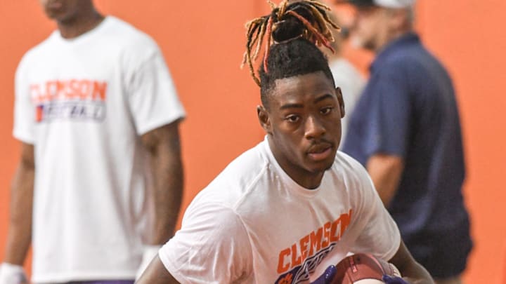 Cederian Morgan, Class of 2026 wide receiver of Benjamin Russell High school in Alexander City, Alabama, catches a ball during the 2024 Dabo Swinney Football Camp in Clemson