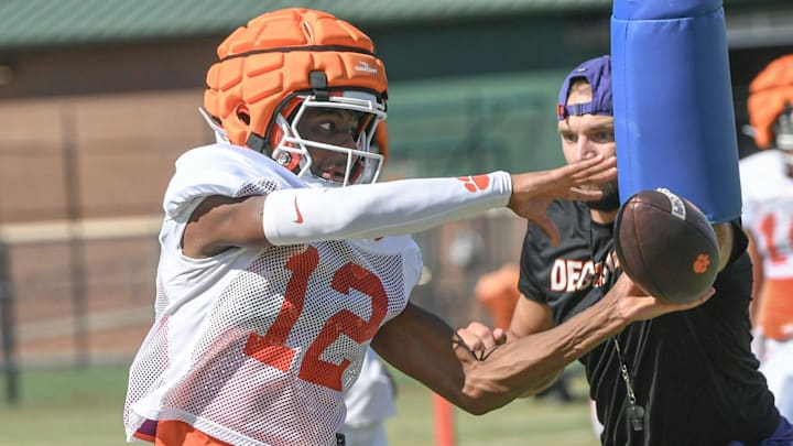 Clemson wide receiver Bryant Wesco Jr. (12) catches a pass during Clemson football practice at Jervey Meadows in Clemson, S.C. Wednesday August 7, 2024.