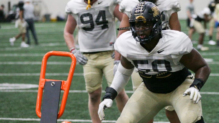 Purdue defensive end Sulaiman Kpaka (50) during a practice, Friday, March 4, 2022 at Mollenkopf Athletic Center in West Lafayette.

Pfoot Practice March 4