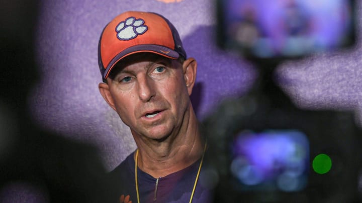 Clemson head coach Dabo Swinney talks with media in the media room at Memorial Stadium in Clemson, Satuday, August 10, 2024.