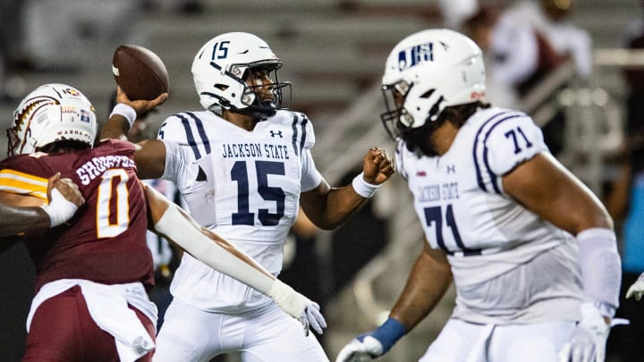 Jackson State Tigers' quarterback Jacobian Morgan (15) throws during the game against the ULM Warhawks in Monroe, La., on Thursday, Aug. 29, 2024.