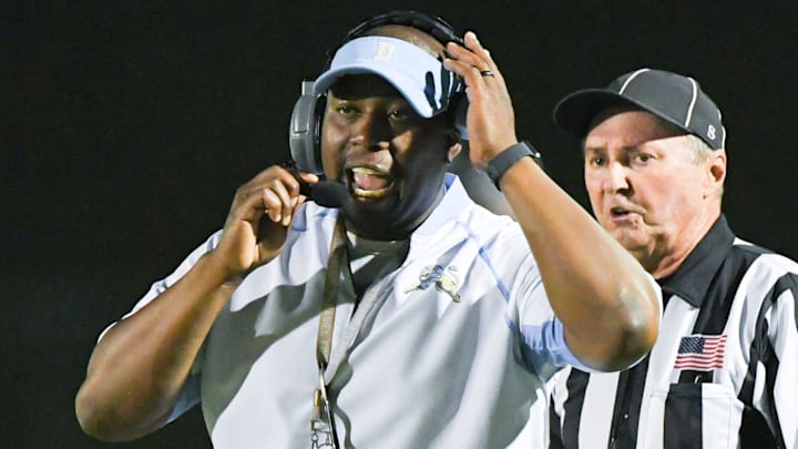 D.W. Daniel High School Head Coach Jeff Fruster during the second quarter at D.W. Daniel High in Central, S.C. Friday, August 23, 2024. D.W. Daniel High School Head Coach Jeff Fruster during the second quarter at D.W. Daniel High in Central, S.C. Friday, August 23, 2024.