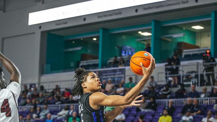 Darius Acuff Jr. of IMG Academy goes up for a shot against Don Bosco Prep in the Fifth-Place game of the City of Palms Classic on Saturday, Dec. 23, 2023, at Suncoast Credit Union Arena in Fort Myers. Don Bosco Prep won 96-92.