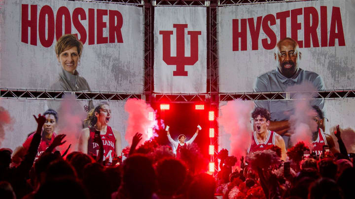 Indiana's Trey Galloway is announced during Hoosier Hysteria at Simon Skjodt Assembly Hall on Friday, October 20, 2023.