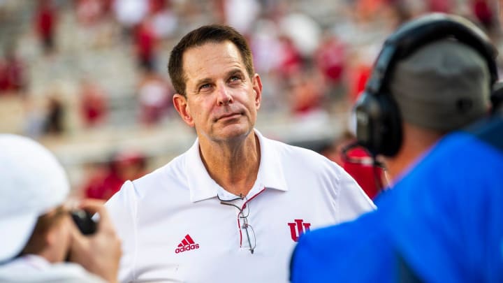 Indiana Head Coach Curt Cignetti looks up at the scoreboard after the second half of the Indiana versus Florida International football game at Memorial Stadium on Saturday, Aug. 31, 2024.