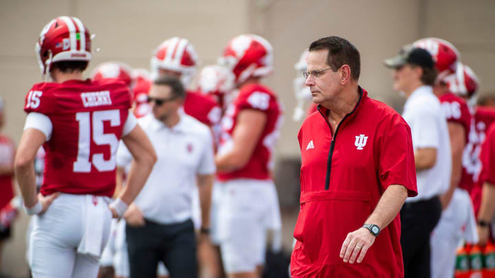 Indiana Head Coach Curt Cignetti walks among the players before the start of the Indiana versus Florida International football game at Memorial Stadium on Saturday, Aug. 31, 2024.