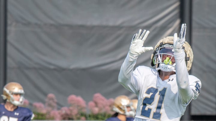 Freshman safety Adon Shuler (21) at football practice at the Irish Athletic Center at Notre Dame on Tuesday August 1, 2023.