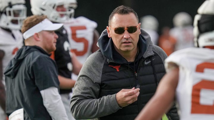 Texas Longhorns Head Coach Steve Sarkisian during spring practice at the Frank Denius practice fields in Austin, Tuesday, March 19, 2024.
