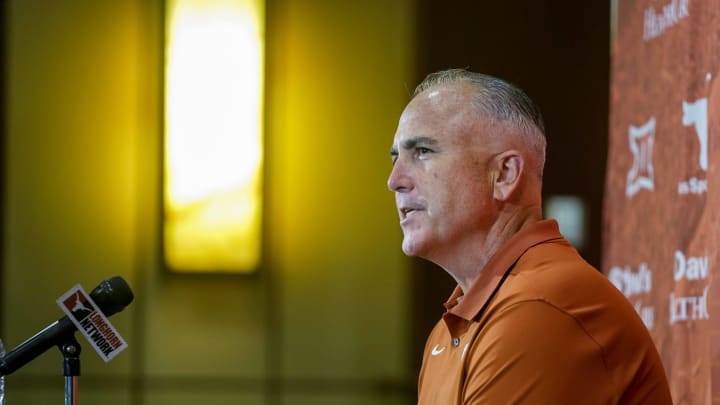 Longhorns Offensive coordinator Kyle Flood answer questions from the local news media during the first press conferences for the 2023 football season on August 1, 2023.