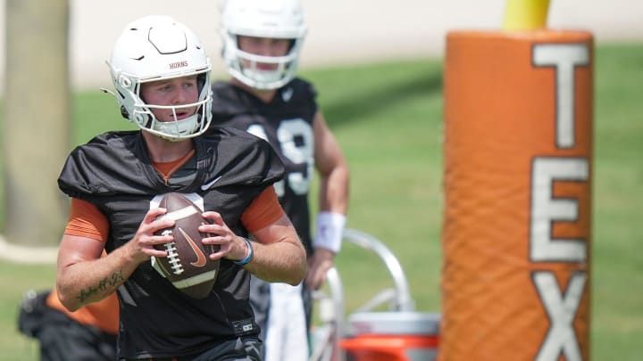 Texas Longhorns Quinn Ewers,3, during the first fall football camp practice for the Texas Longhorns at Denius Fields on Wednesday, July 31, 2024.