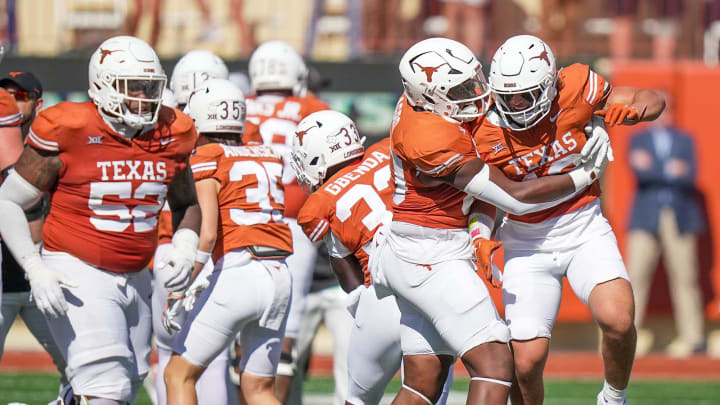 Texas Longhorns linebacker Liona Lefau (18) celebrates a 3rd down stop against Kansas State Wildcats in the second half of an NCAA college football game, Saturday, November. 4, 2023, in Austin, Texas.