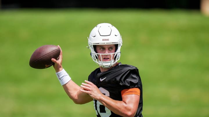 Texas Longhorns Arch Manning, 16, during the first fall football camp practice for the Texas Longhorns at Denius Fields on Wednesday, July 31, 2024.