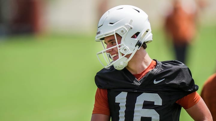 Texas Longhorns Arch Manning, 16, during the first fall football camp practice for the Texas Longhorns at Denius Fields on Wednesday, July 31, 2024.