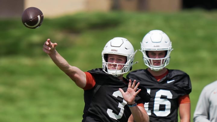 Texas Longhorns Quinn Ewers during the first fall football camp practice for the Texas Longhorns at Denius Fields on Wednesday, July 31, 2024.