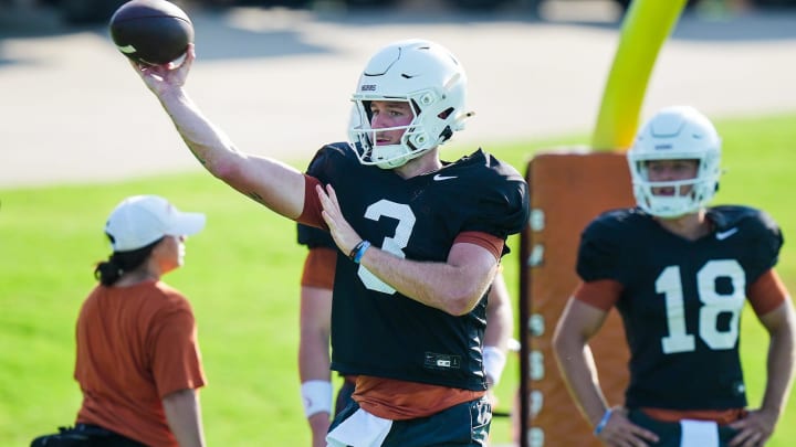 Texas Longhorns quarterback Quinn Ewers during the first day with pads of the fall football camp at Denius Fields on Monday, August 5, 2024.