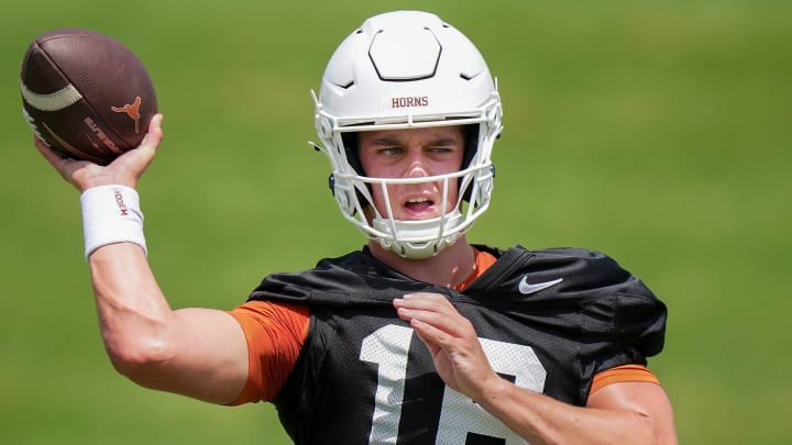 Texas Longhorns Arch Manning, 16, during the first fall football camp practice for the Texas Longhorns at Denius Fields on Wednesday, July 31, 2024.