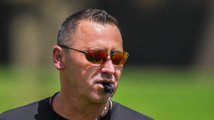 Texas Longhorns Head football coach Steve Sarkisian during the first fall football camp practice for the Texas Longhorns at Denius Fields on Wednesday, July 31, 2024.