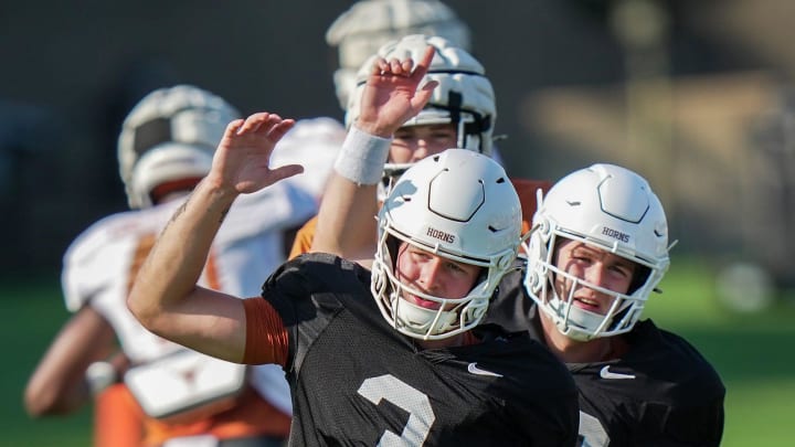 Texas Longhorns quarterback Quinn Ewers during the first day with pads of the fall football camp at Denius Fields on Monday, August 5, 2024.