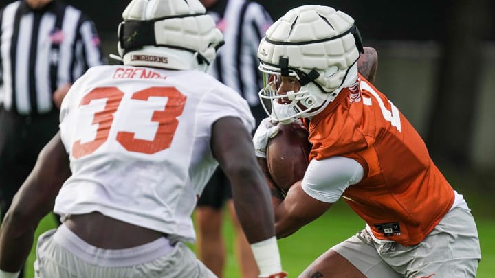 Texas LonghornsWide receiver Matthew Golden during football spring practice at the Frank Denius practice fields in Austin, Tuesday, March 19, 2024.