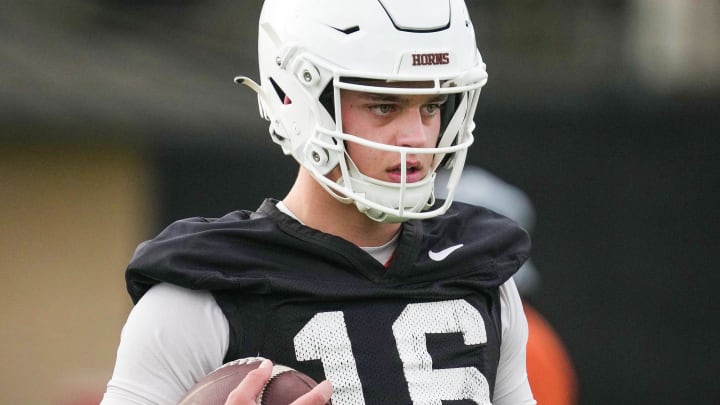 Texas Longhorns quarter backs Arch Manning during spring practice at the Frank Denius practice fields in Austin, Tuesday, March 19, 2024.