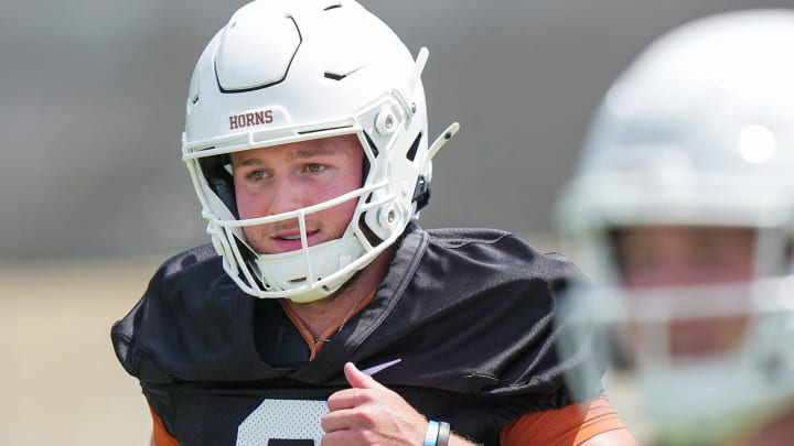 Texas Longhorns Quinn Ewers,3, during the first fall football camp practice for the Texas Longhorns at Denius Fields on Wednesday, July 31, 2024.