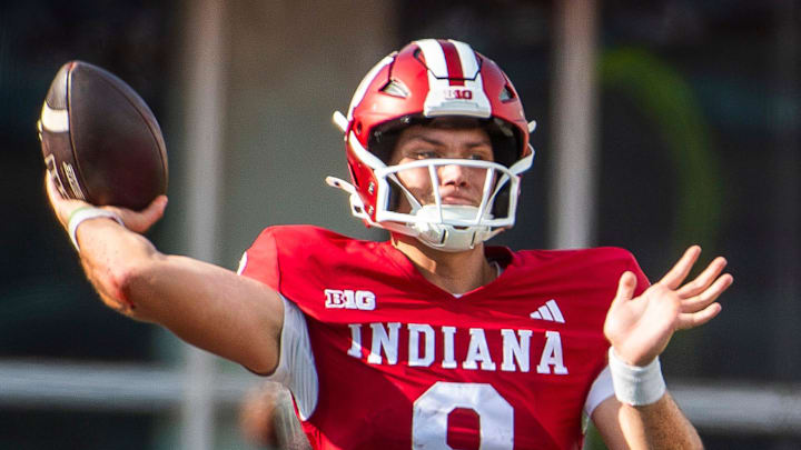 Indiana's Kurtis Rourke (9) passes during the second half of the Indiana versus Florida International football game at Memorial Stadium on Saturday, Aug. 31, 2024.