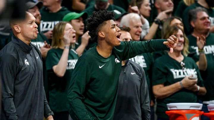 Michigan State's Jeremy Fears Jr. cheers for his teammates during the second half in the game against Penn State on Thursday, Jan. 4, 2024, in East Lansing.