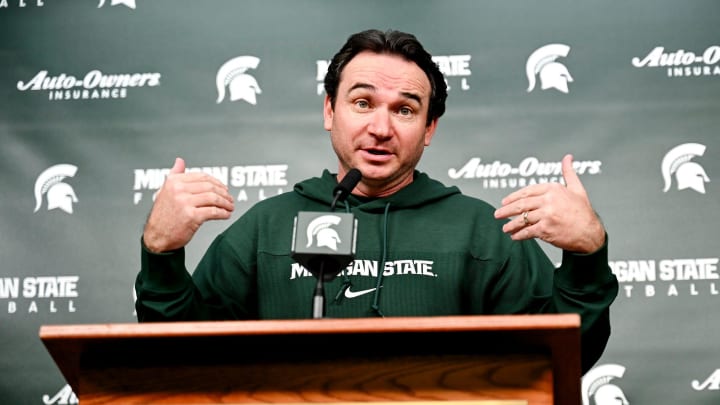 Michigan State coach Jonathan Smith talks the media on the first national signing day for college football recruits Wednesday, Dec. 20, 2023, at Spartan Stadium in East Lansing.