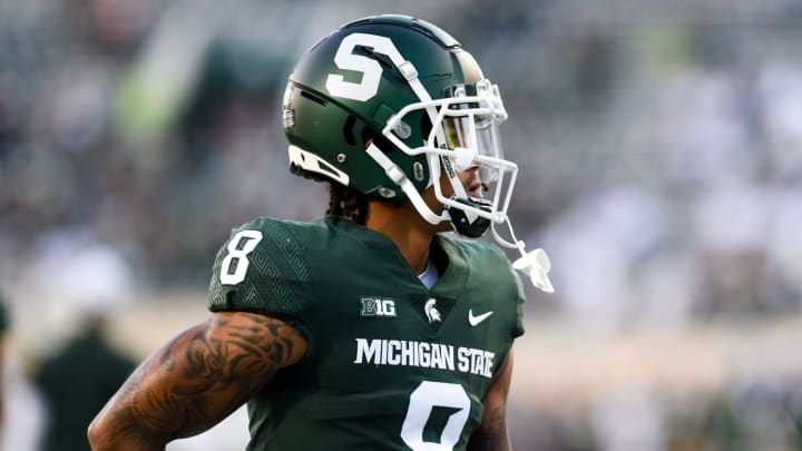 Jalen Nailor sports the Spartans 'S' helmet during warmups before Michigan State's football game against Nebraska on Saturday, Sept. 25, 2021, at Spartan Stadium in East Lansing.

210925 Msu Nebraska 047a