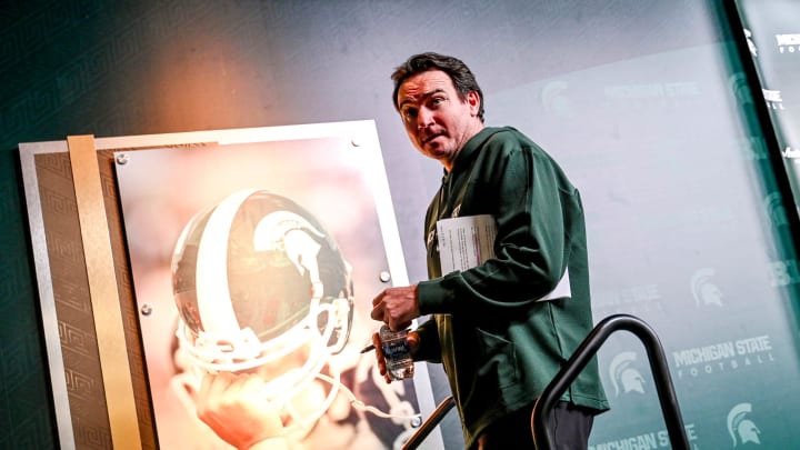 Michigan State coach Jonathan Smith leaves the podium after his press conference on the first national signing day for college football recruits Wednesday, Dec. 20, 2023, at Spartan Stadium in East Lansing.