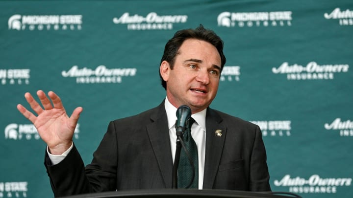 Michigan State football coach Jonathan Smith speaks during an introductory press conference on Tuesday, Nov. 28, 2023, at the Breslin Center in East Lansing.