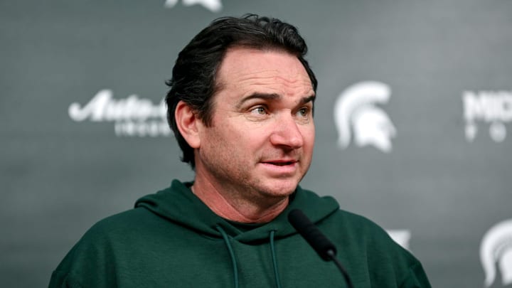 Michigan State coach Jonathan Smith talks the media on the first national signing day for college football recruits Wednesday, Dec. 20, 2023, at Spartan Stadium in East Lansing.