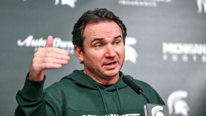 Michigan State coach Jonathan Smith talks the media on the first national signing day for college football recruits Wednesday, Dec. 20, 2023, at Spartan Stadium in East Lansing.