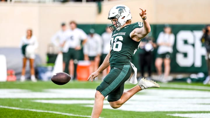 Michigan State's Ryan Eckley punts against Washington during the second quarter on Saturday, Sept. 16, 2023, at Spartan Stadium in East Lansing.