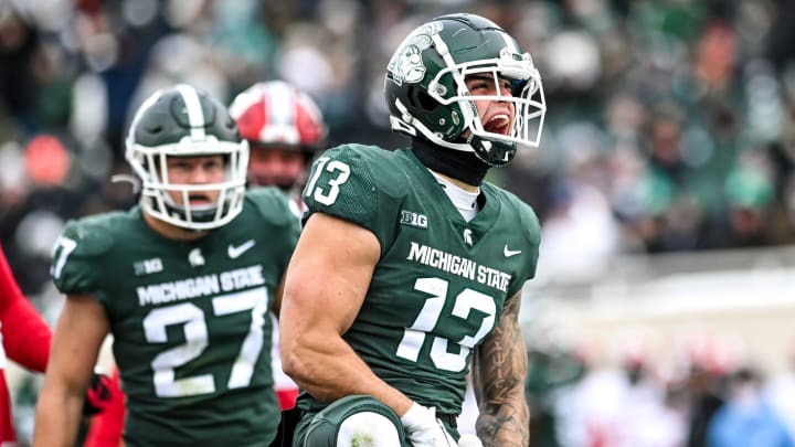 Michigan State's Ben VanSumeren celebrates after sacking Indiana's Dexter Williams II during the second quarter on Saturday, Nov. 19, 2022, at Spartan Stadium in East Lansing.

221119 Msu Indiana 122a