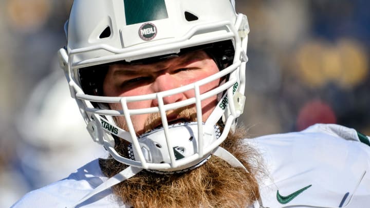 Michigan State's Mike Panasiuk looks on before the game on Saturday, Nov. 16, 2019, at Michigan Stadium in Ann Arbor.

191116 Msu Um 015a