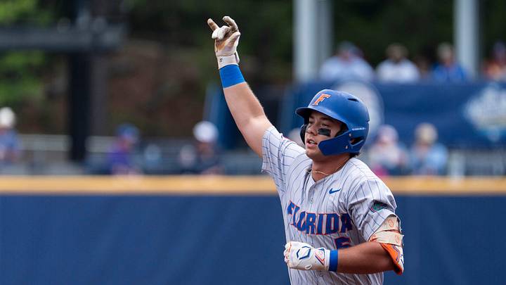 Florida Gators' Blake Cyr (5) celebrates his home run as Georgia Bulldogs take on Florida Gators during the SEC baseball tournament at Hoover Metropolitan Stadium in Hoover, Ala. on Saturday, May 23, 2026.