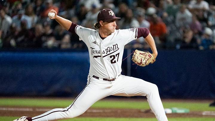 Texas A&M Aggies' Gavin Lyons (27) pitches as Auburn Tigers take on Texas A&M Aggies during the SEC baseball tournament at Hoover Metropolitan Stadium in Hoover, Ala. on Friday, May 22, 2026.