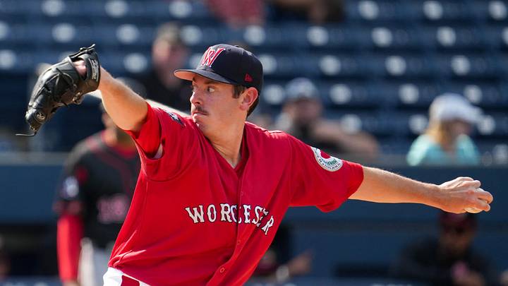Worcester’s Hayden Mullins pitches against Rochester July 8 at Polar Park.
